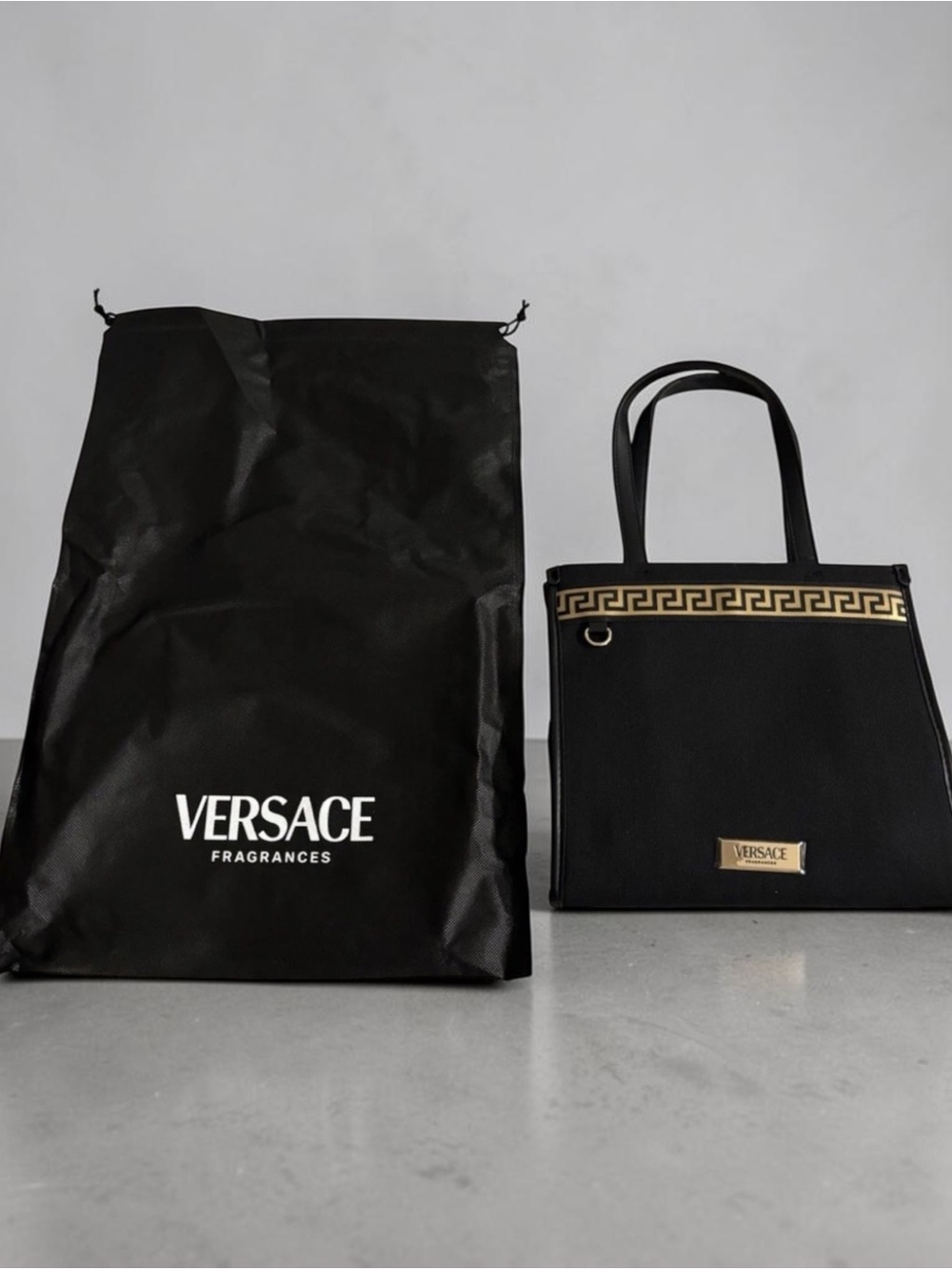 Versace Black Tote with Gold Greek Key Accent